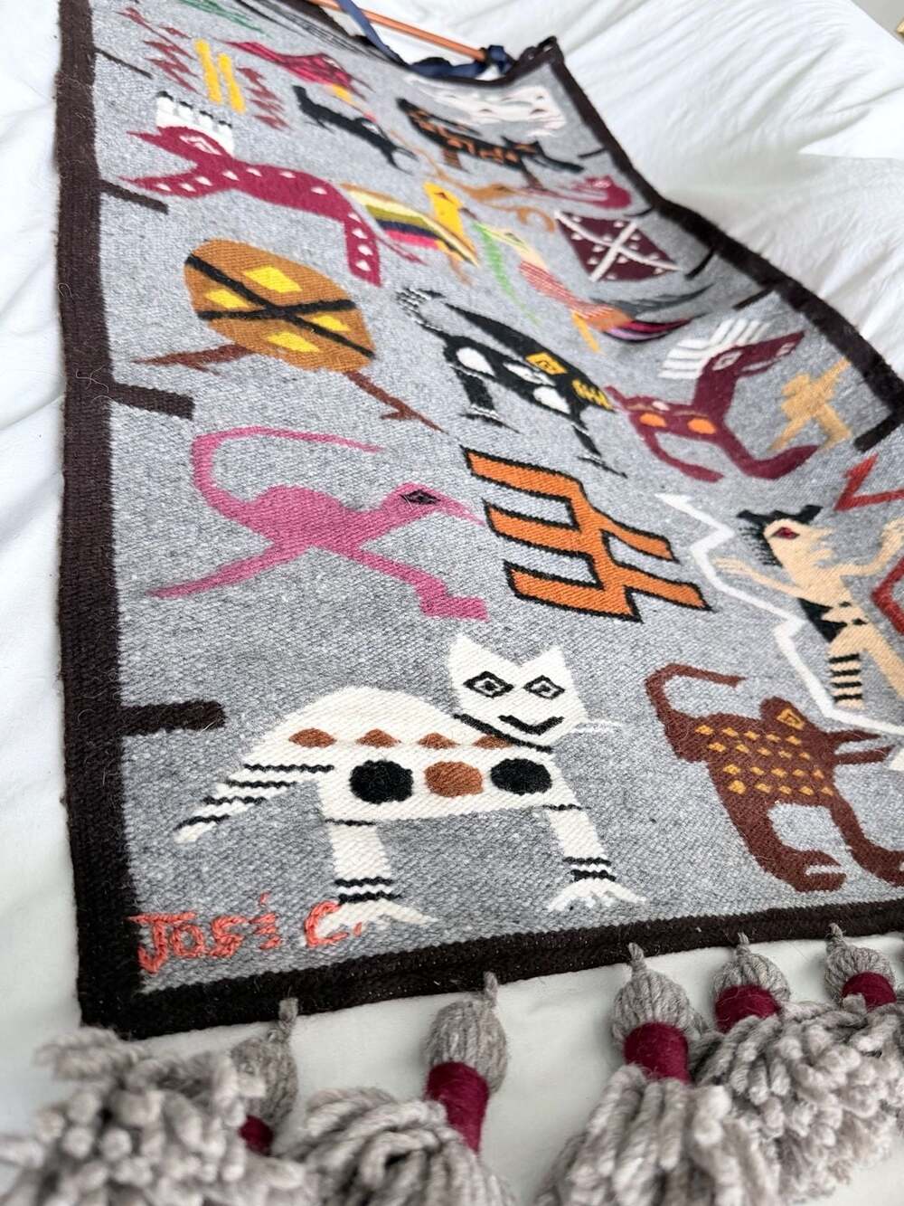 Vintage Hand Woven Peruvian Wool Pictorial Tapestry Wall Hanging